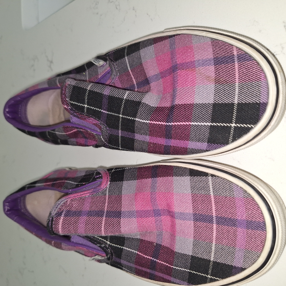 Vans Pink and Black Plaid Slip-On Sneakers